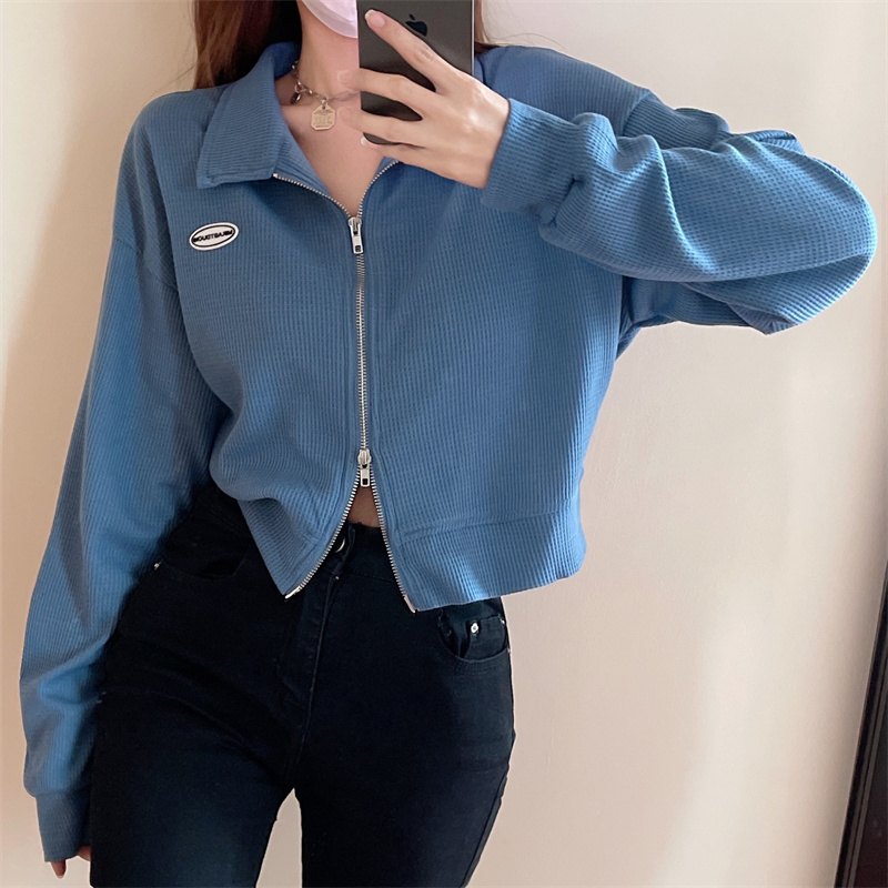 2026 Korean Style Double Zip Long Sleeve Polo Collar Short Loose Fit Top for Petite Women - Style 67c520