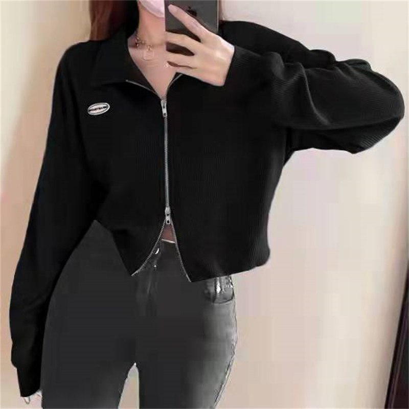 2026 Korean Style Double Zip Long Sleeve Polo Collar Short Loose Fit Top for Petite Women - Style 67c520 - Image 4