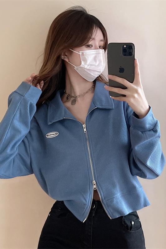 2026 Korean Style Double Zip Long Sleeve Polo Collar Short Loose Fit Top for Petite Women - Style 67c520 - Image 5