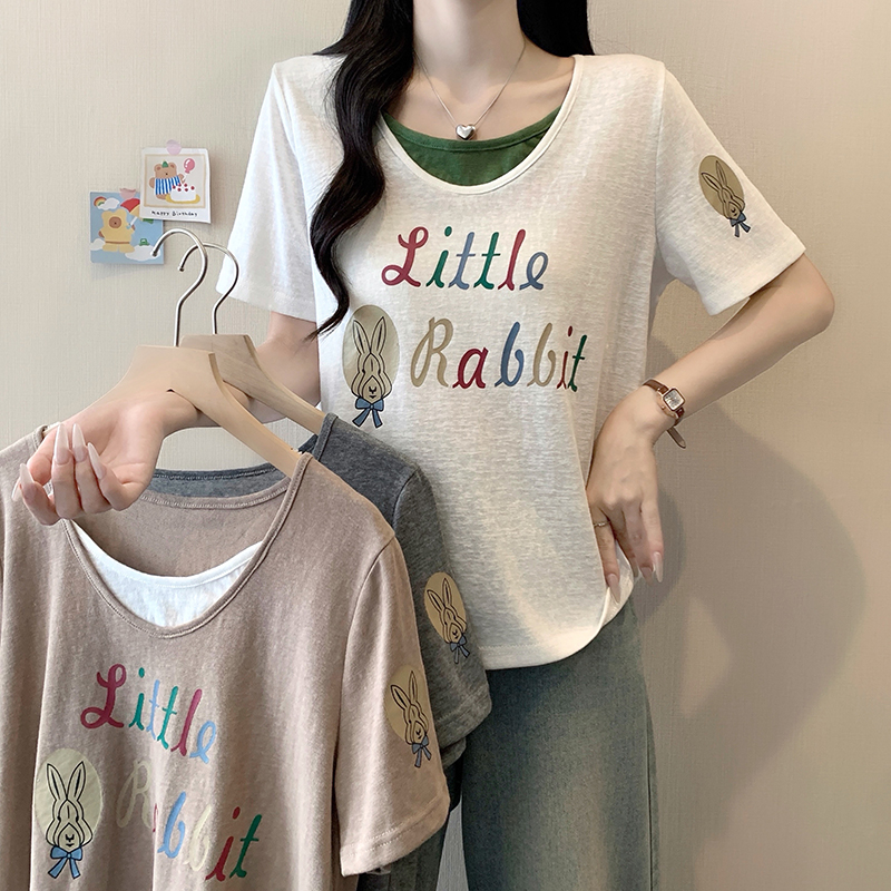 2026 Summer Plus Size Women's Casual Letter Print Color Block Slimming Short Sleeve T-Shirt - Style 037fe3