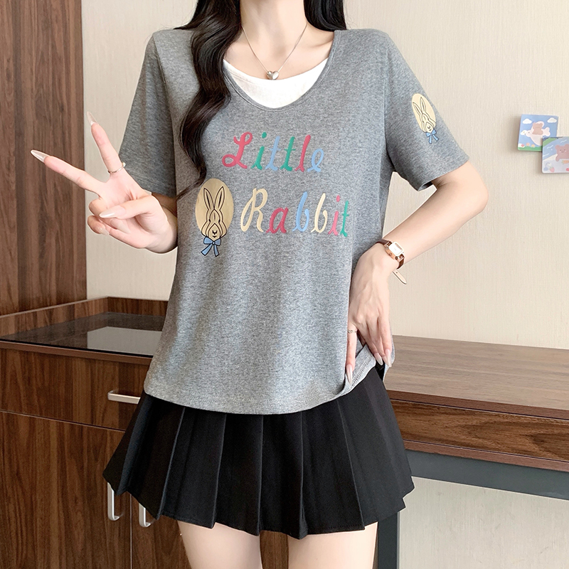 2026 Summer Plus Size Women's Casual Letter Print Color Block Slimming Short Sleeve T-Shirt - Style 037fe3 - Image 3