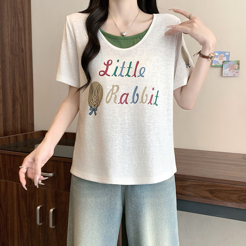 2026 Summer Plus Size Women's Casual Letter Print Color Block Slimming Short Sleeve T-Shirt - Style 037fe3 - Image 4