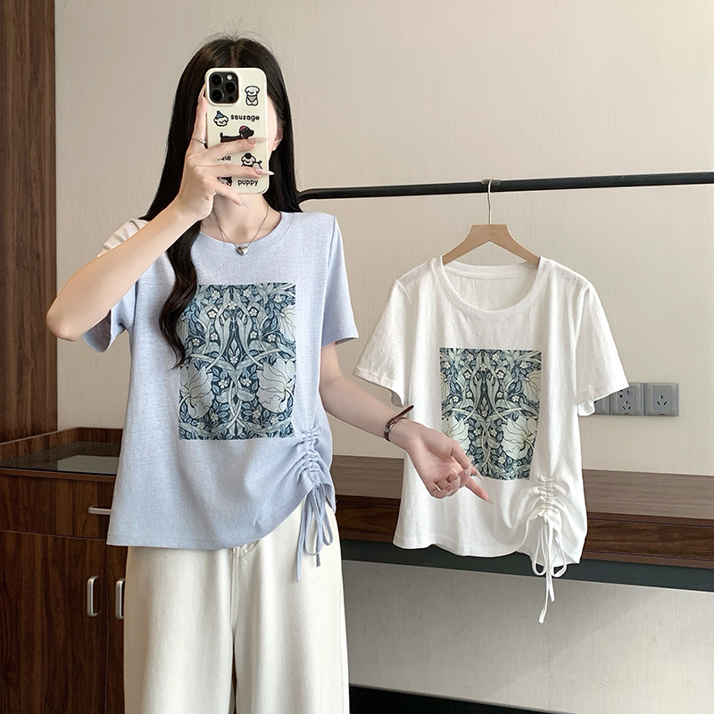 2026 Summer Plus Size Women's Korean Style Printed Drawstring Loose Slimming Short Sleeve T-Shirt