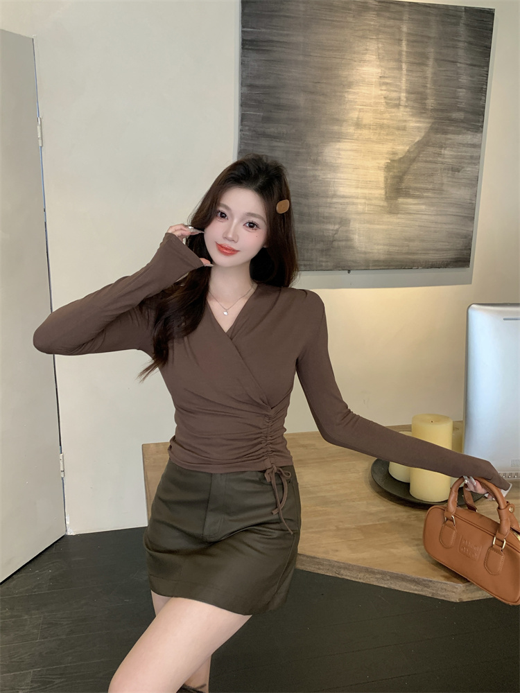 Early Spring French Irregular Pleated Cross V-Neck Women's T-Shirt Slim Fit Short Top