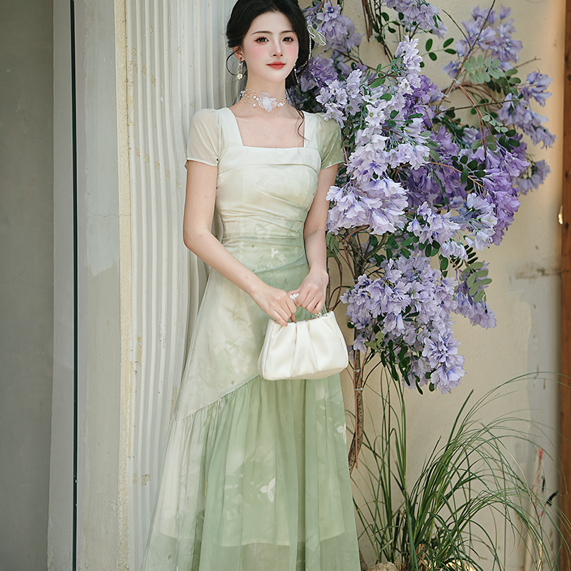 French Gradient Green Chiffon Midi Dress