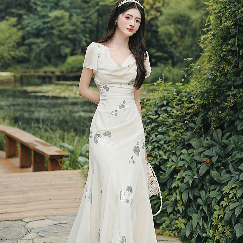 French Style Embroidered Cowl Neck Mermaid Dress - Style e5c6c7