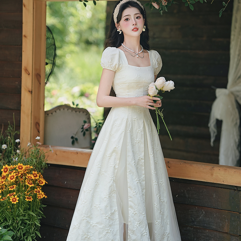 French Vintage Mesh Panel Square Neck Long Dress