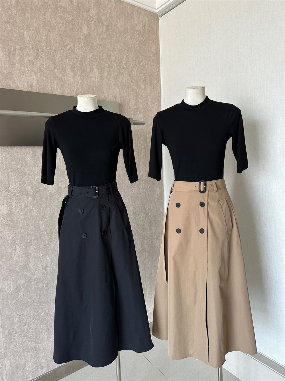 High Neck Half Sleeve Top and Button Skirt Two Piece Set Slim Fit Versatile Autumn Outfit