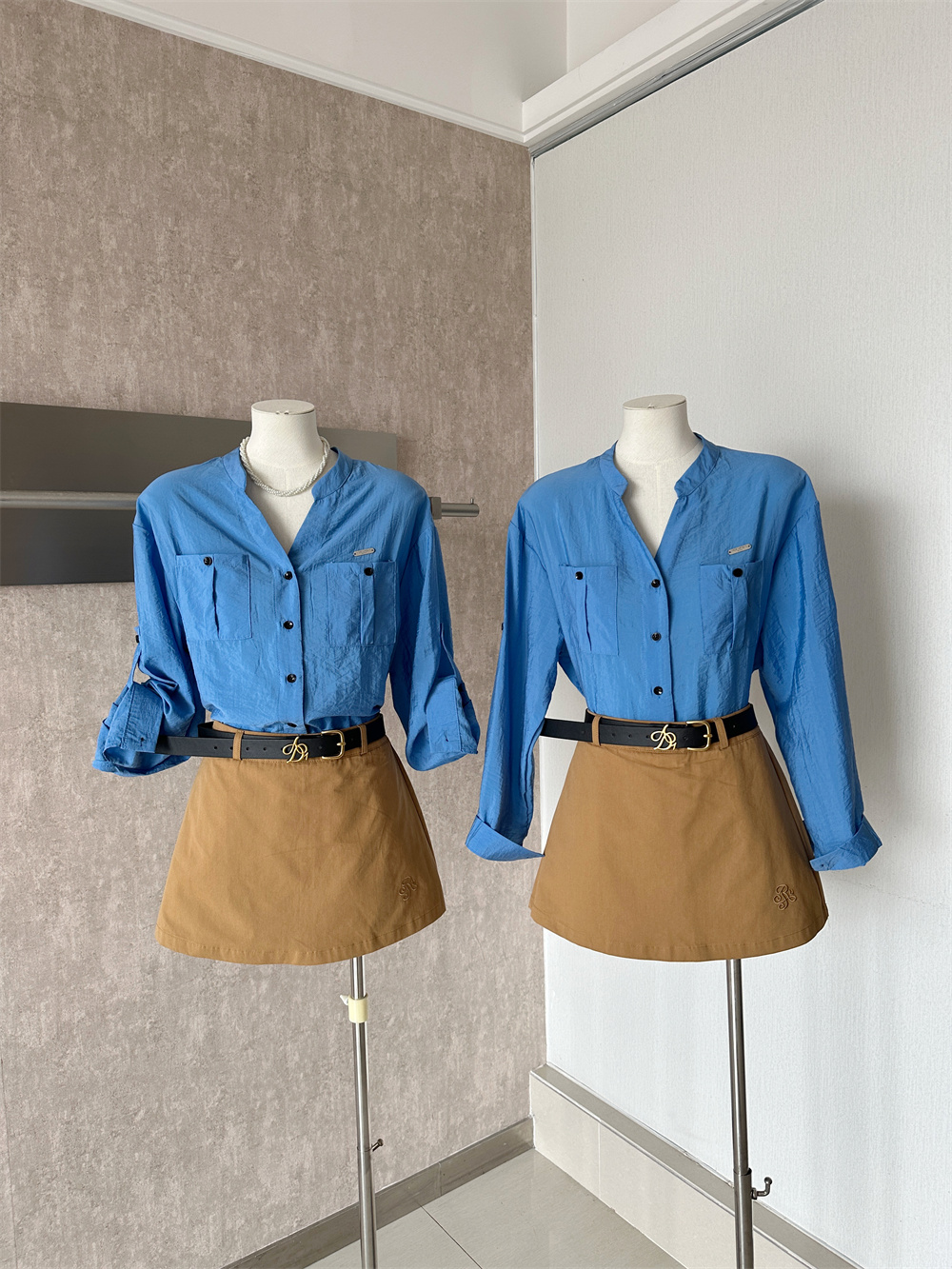 Korean Minimalist Stand Collar Loose Long Sleeve Shirt and High Waist Slimming Skirt Two Piece Set for Women