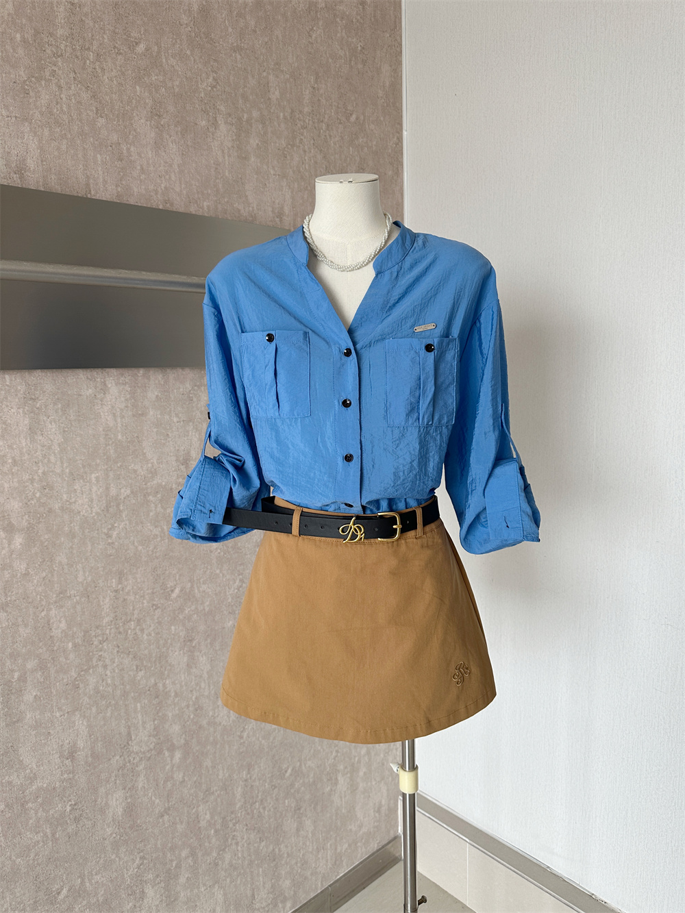 korean-minimalist-stand-collar-loose-long-sleeve-shirt-and-high-waist-slimming-skirt-two-piece-set-for-women_1