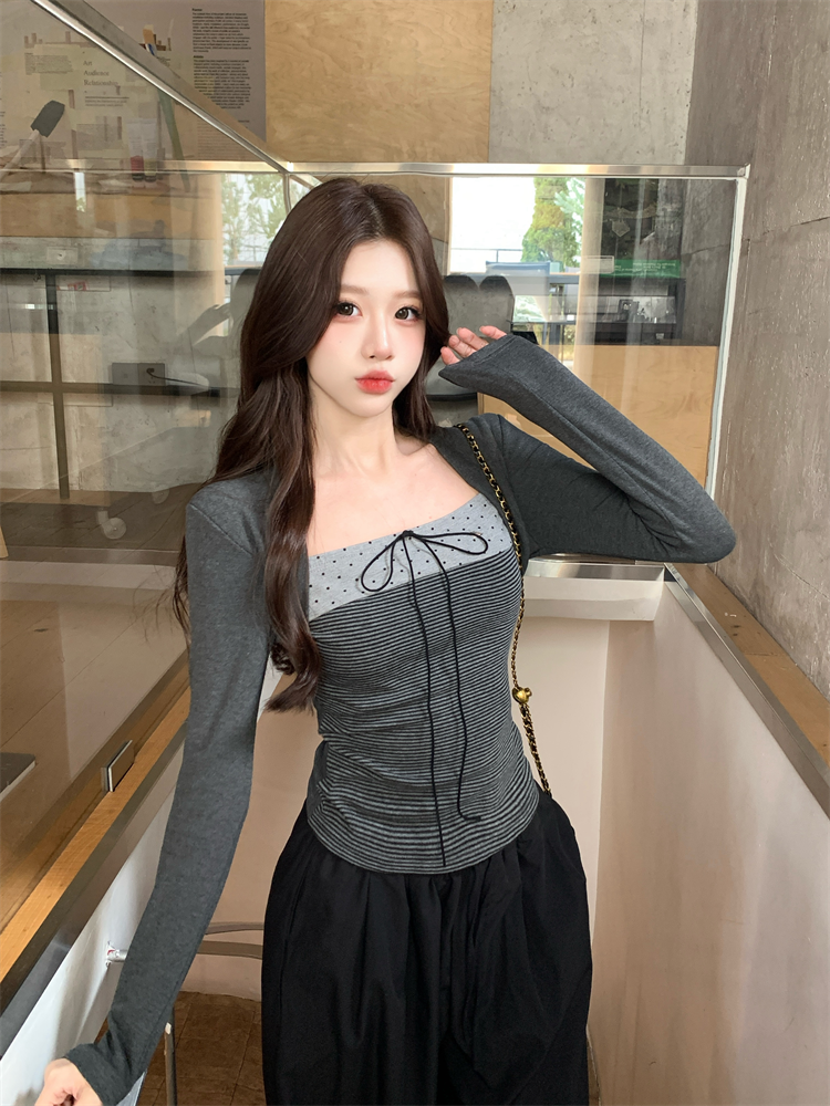 Korean Style Color Block Bow Tie Polka Dot Faux Two Piece Shoulder Top T-Shirt for Women