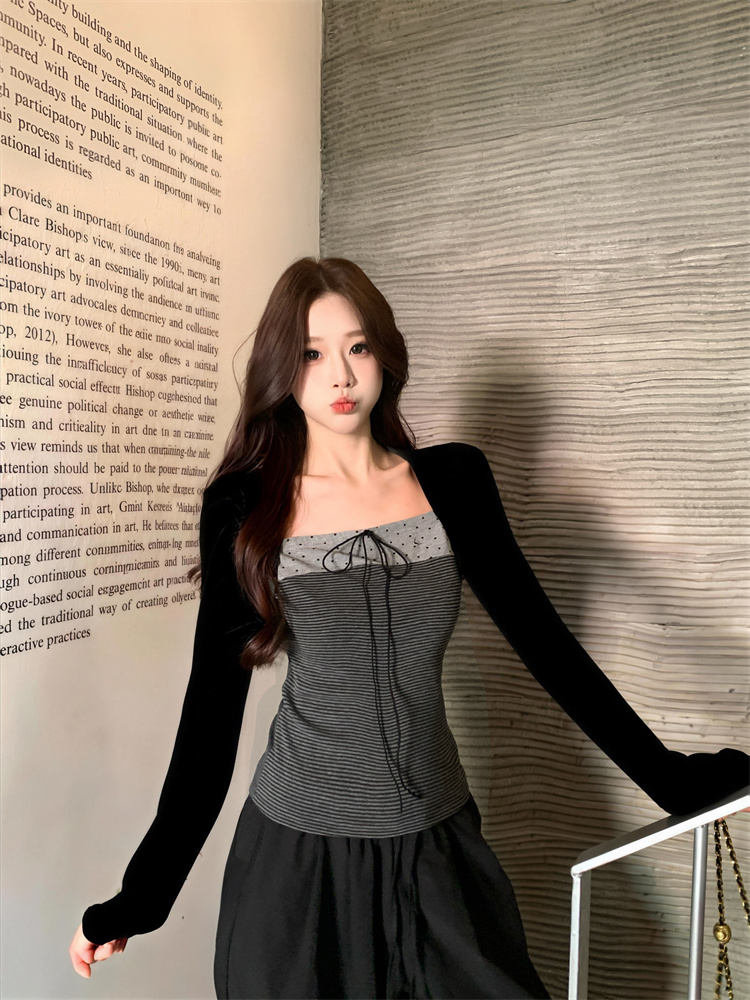 korean-style-color-block-bow-tie-polka-dot-faux-two-piece-shoulder-top-t-shirt-for-women_1