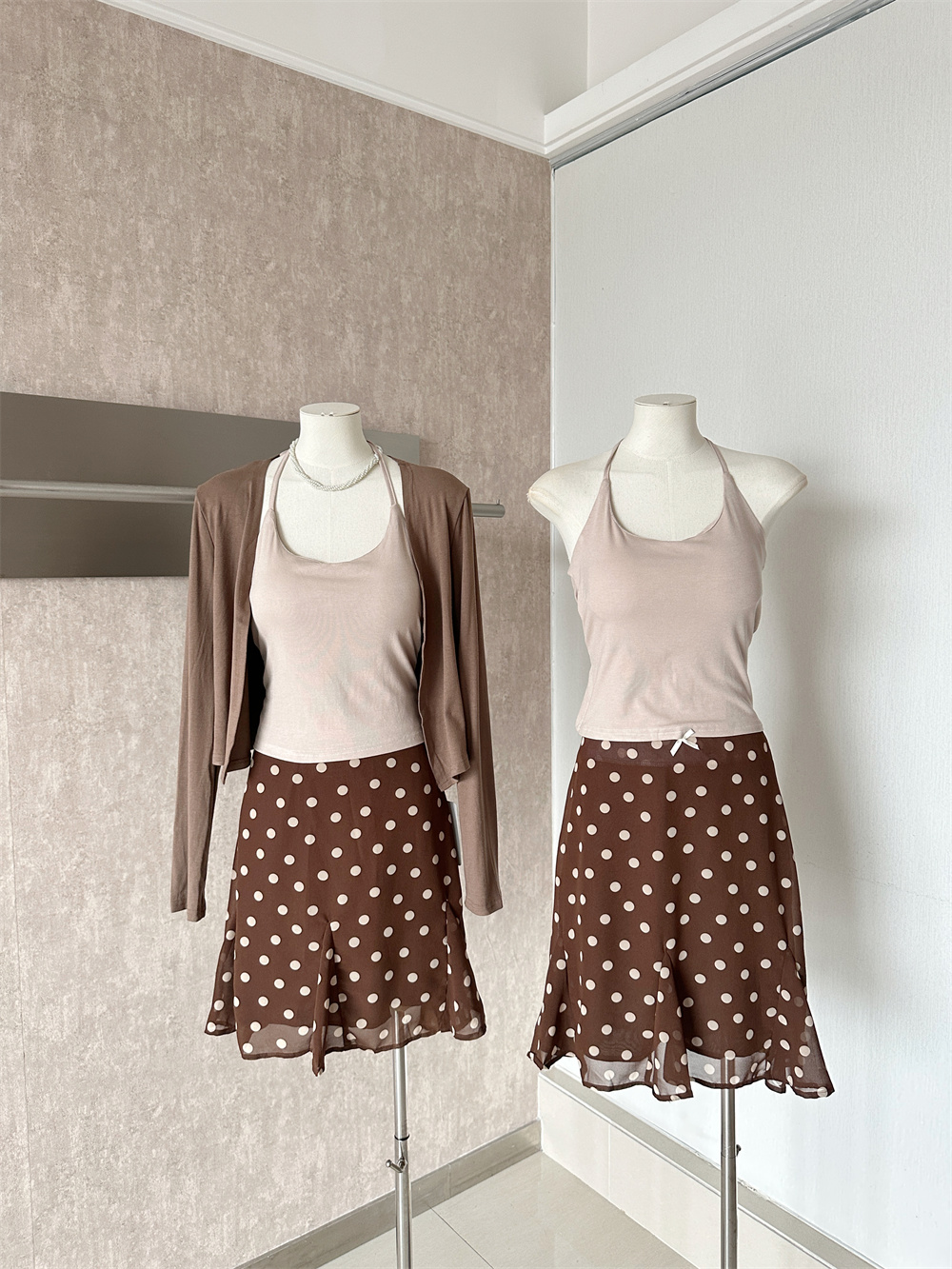 Korean Style Halter Cami Top Long Sleeve Cardigan Polka Dot Skirt Three Piece Set