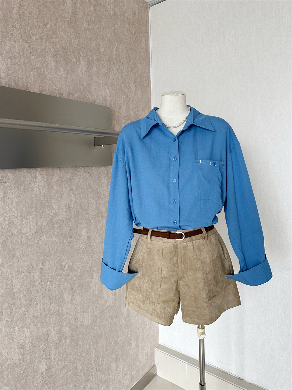 Light Mature V-Neck Loose Blue Shirt and Shorts Set with Belt Autumn Old Money Style Two-Piece Set