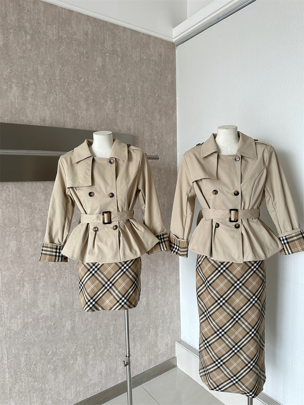 LL Women's Two-Piece Trench Coat and Plaid Pencil Skirt Set