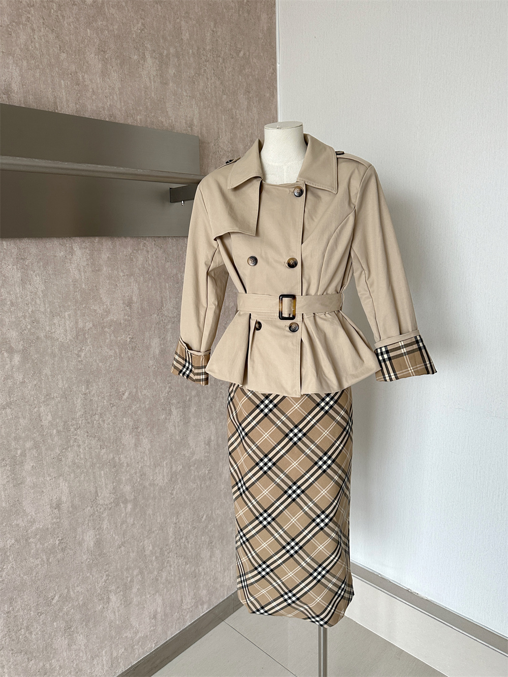 LL Women's Two-Piece Trench Coat and Plaid Pencil Skirt Set - Image 3