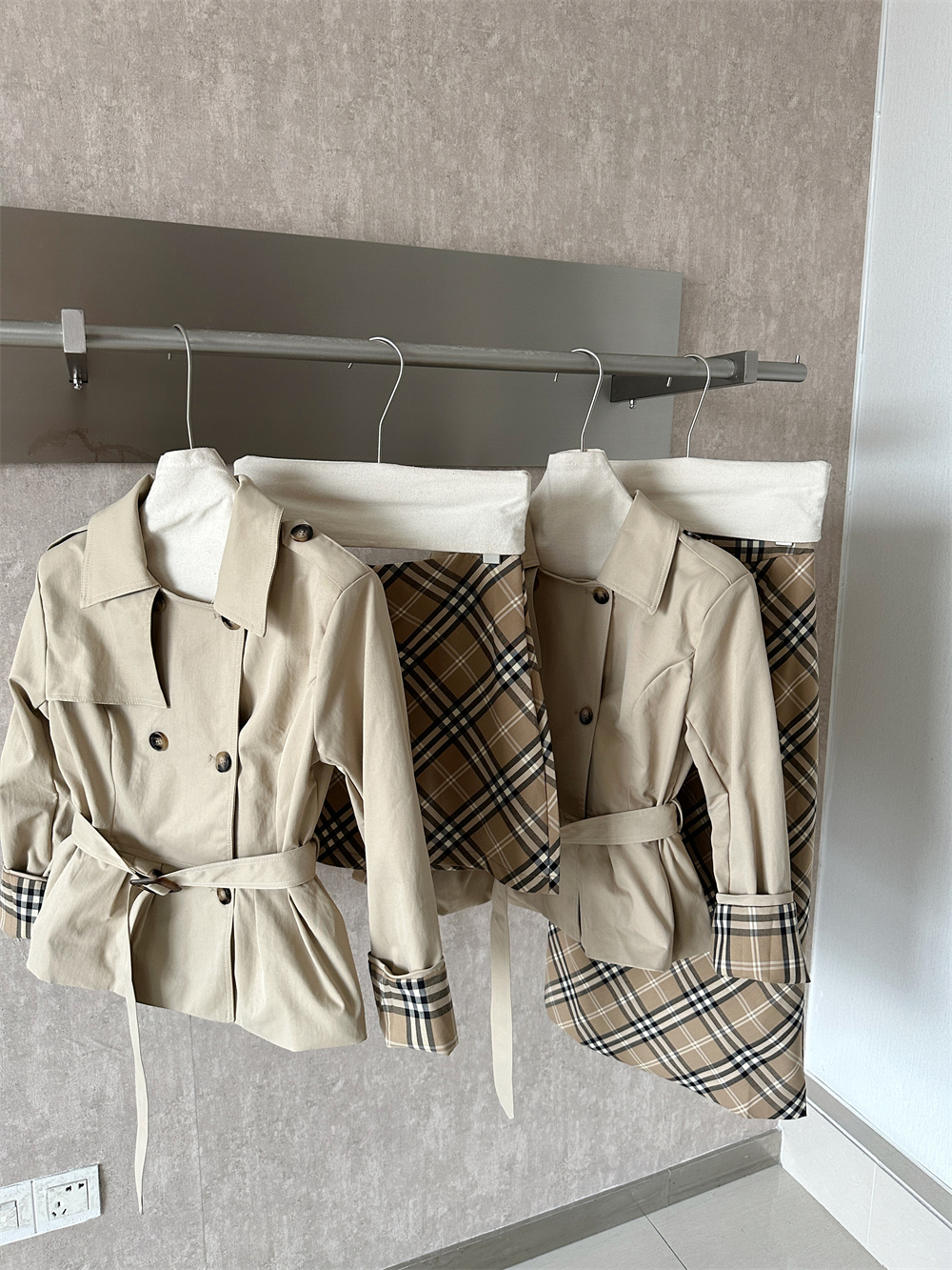 LL Women's Two-Piece Trench Coat and Plaid Pencil Skirt Set - Image 4