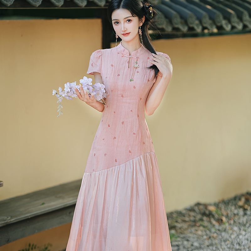 New Chinese Style Ombre Heart Embroidered Faux Two-Piece Qipao Dress