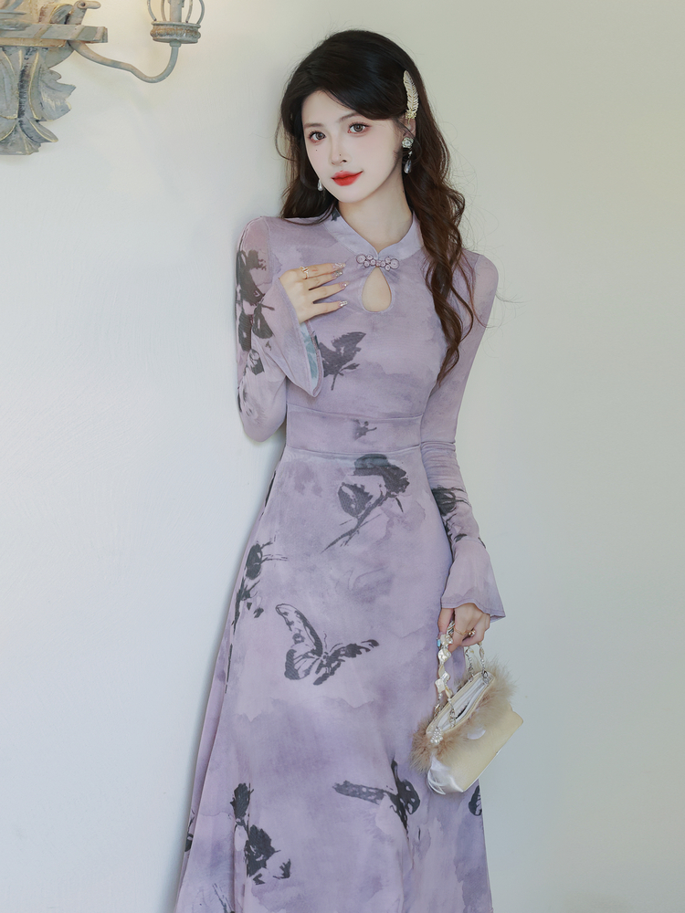 New Chinese Style Slim Fit Long Sleeve Butterfly Print Dress with Bow