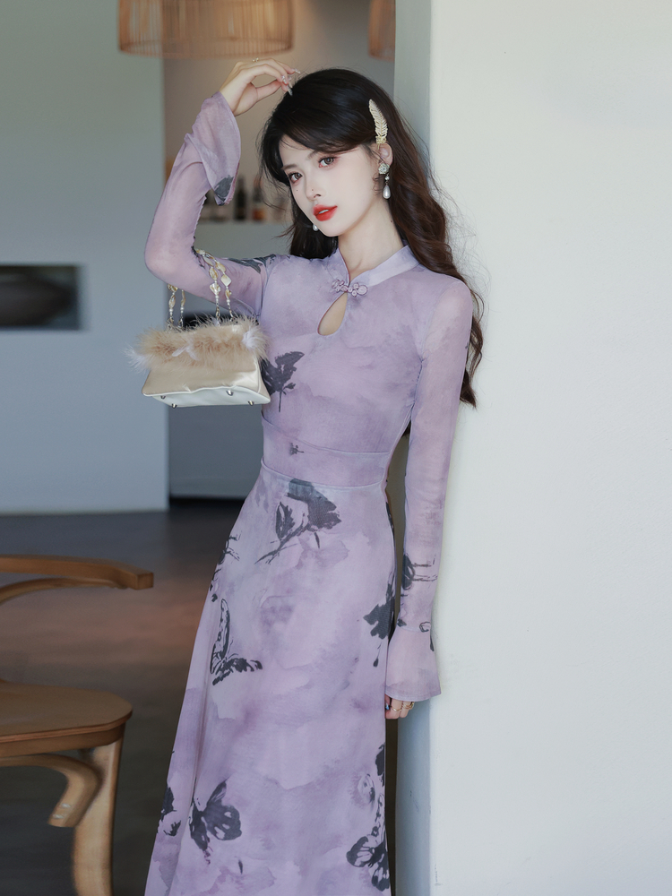 new-chinese-style-slim-fit-long-sleeve-butterfly-print-dress-with-bow_1