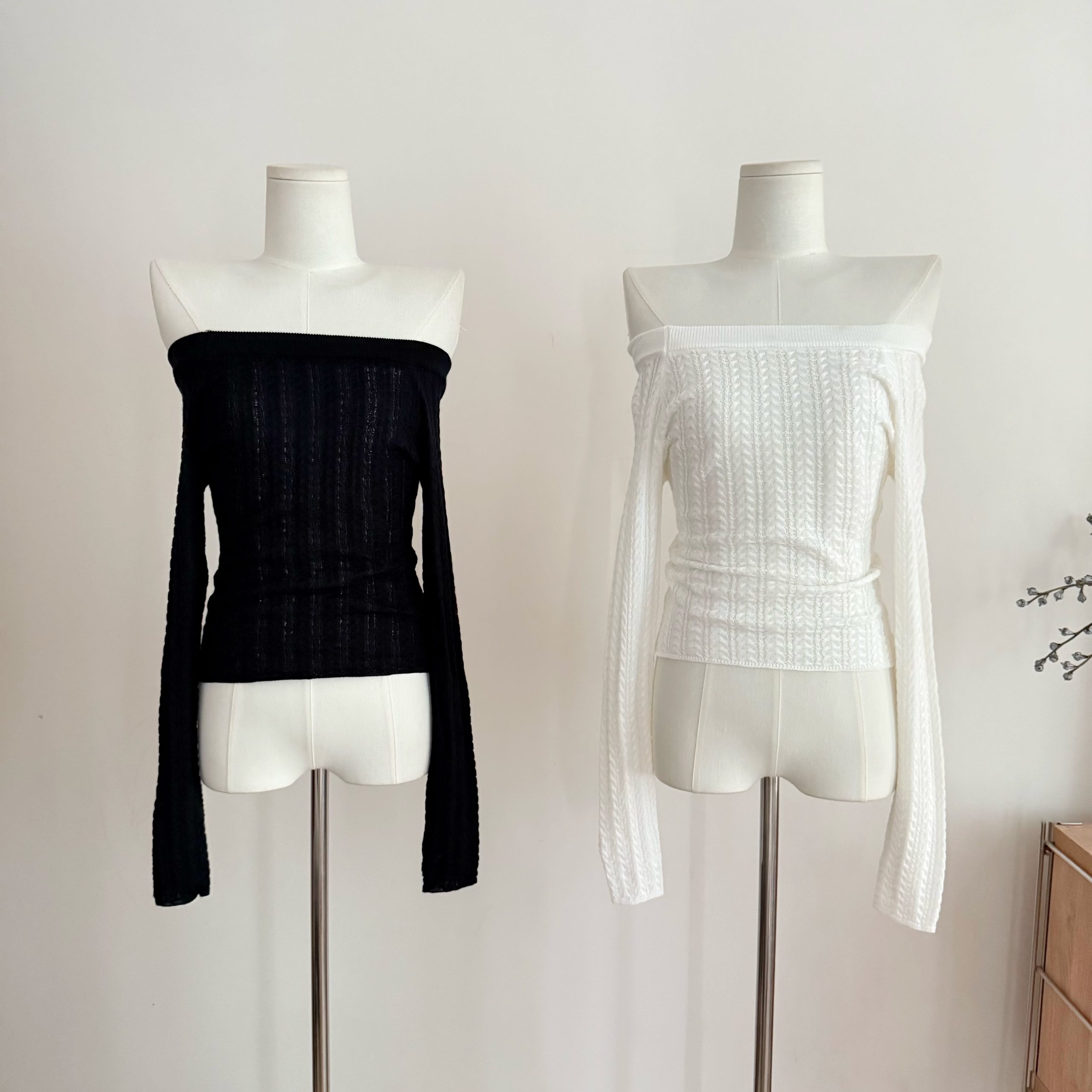 Off-Shoulder Long-Sleeve Knit Top with Slimming Fit