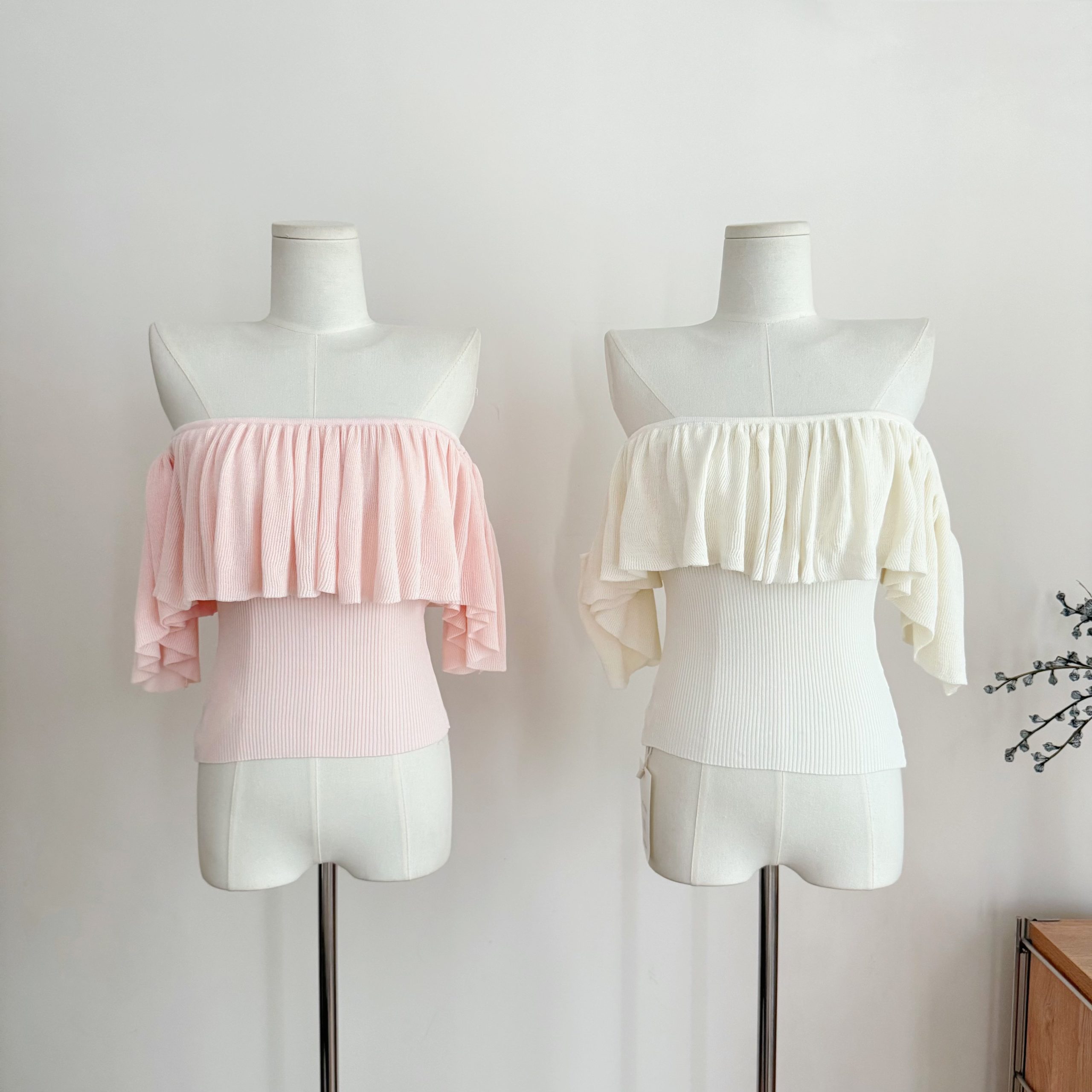 Off-Shoulder Ruffle Knit Top Custom White Floral Design