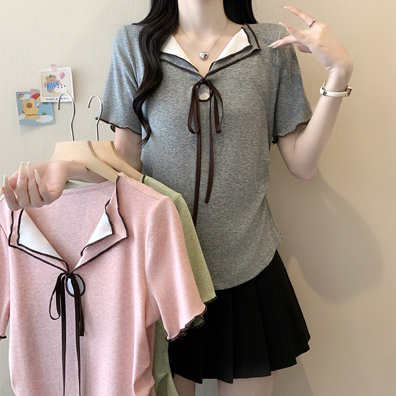 Plus Size Bow Tie Color Block Cinched Waist Curved Short Sleeve T-Shirt Summer 2026