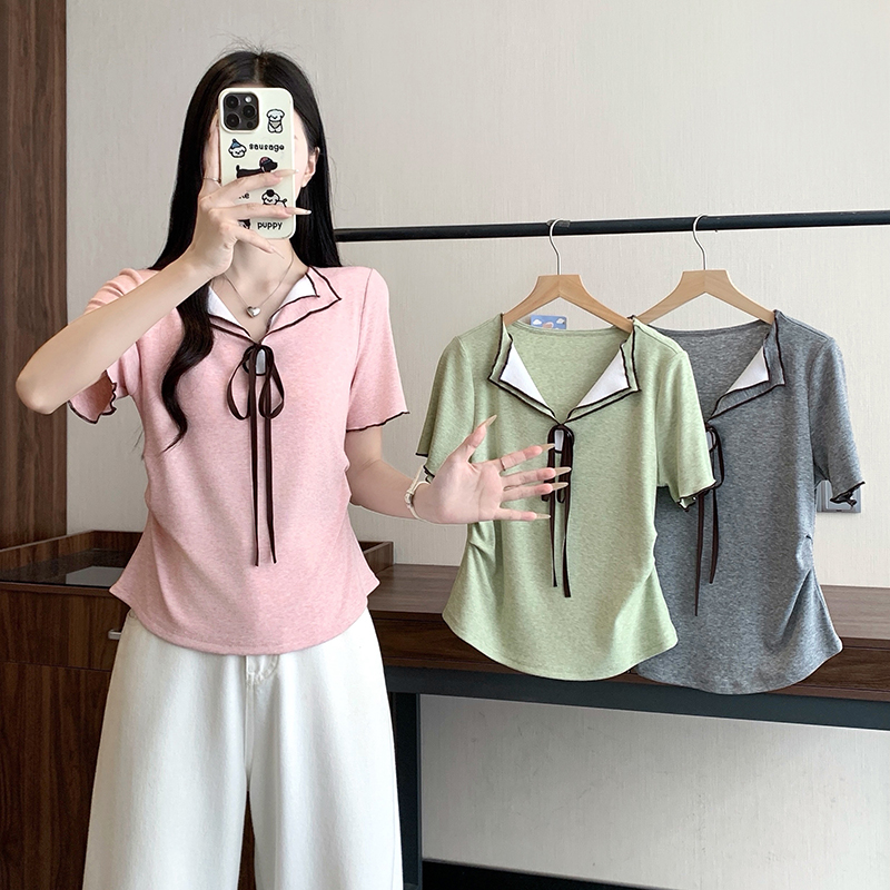 Plus Size Bow Tie Color Block Cinched Waist Short Sleeve T-Shirt Summer 2026