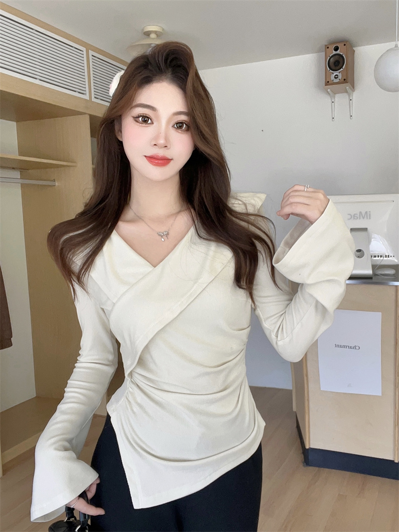 Plus Size Ruffle V-Neck Top Women Spring Slimming Asymmetric Knit Shirt
