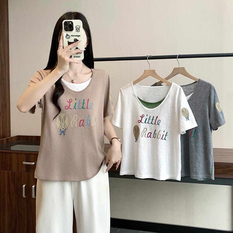 Plus Size Summer 2026 Short Sleeve Letter Print Color Block Slimming T-Shirt