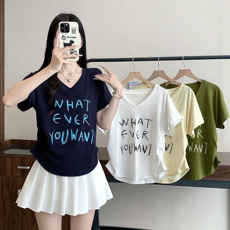 Plus Size V-Neck Printed Letter Short Sleeve T-Shirt Summer 2026
