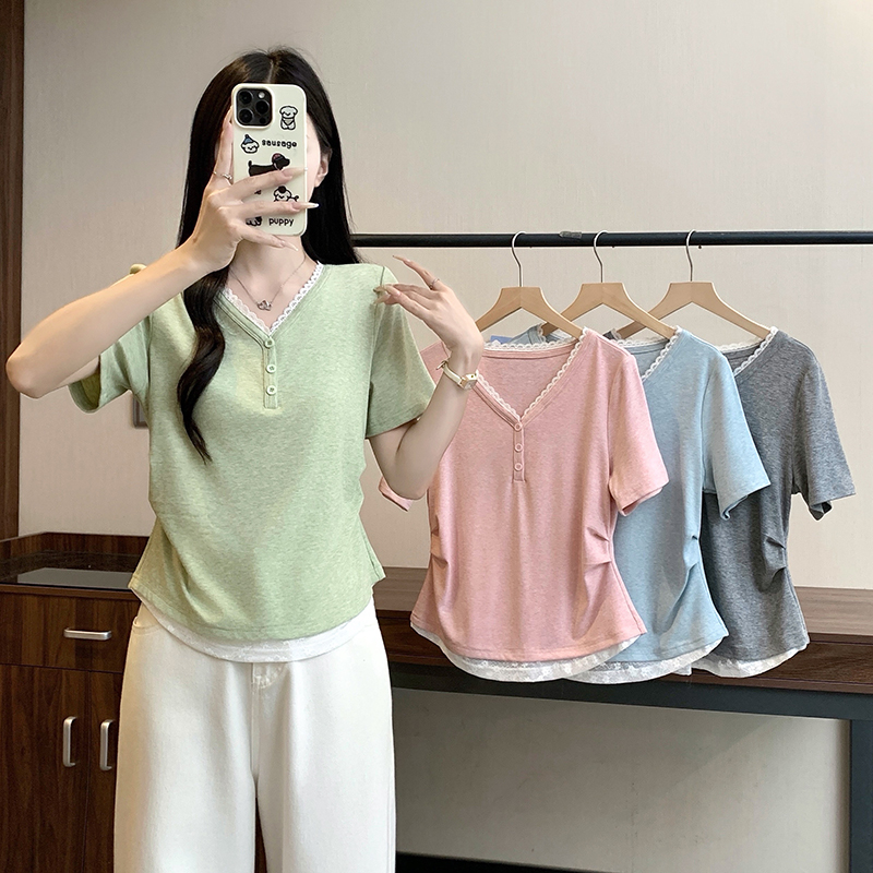 Plus Size Women's Color Block Lace V-Neck Cinched Waist Short Sleeve T-Shirt Summer 2026 - Style 024be8
