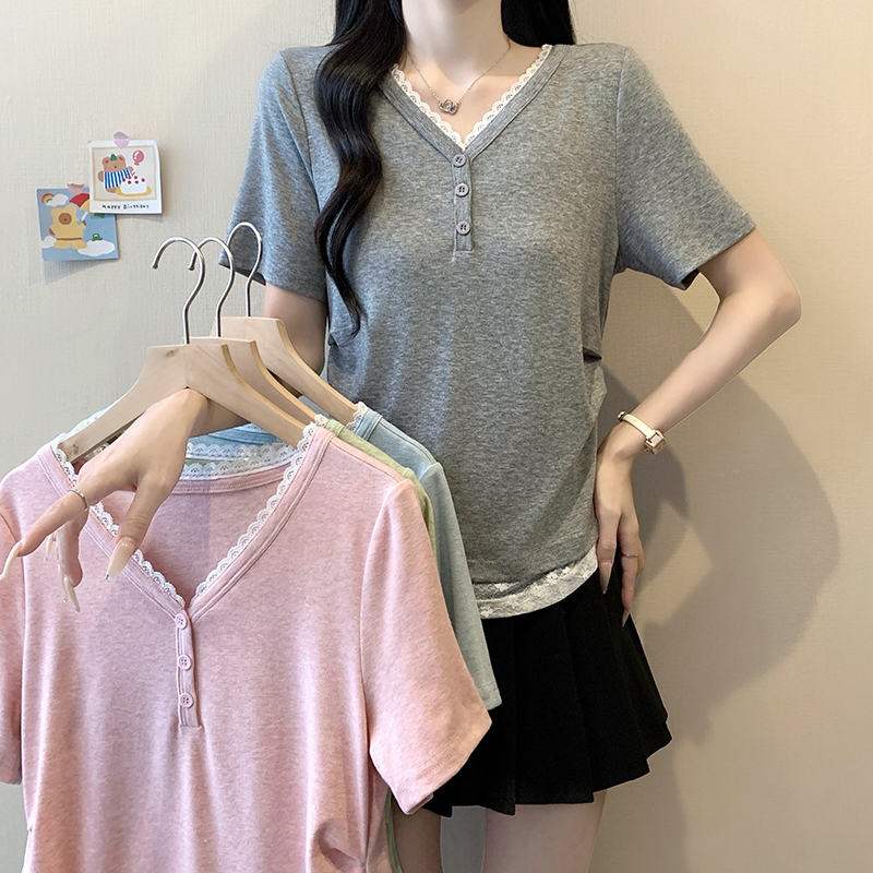 Plus Size Women's Color Block Lace V-Neck Cinched Waist Short Sleeve T-Shirt Summer 2026 - Style 024c17