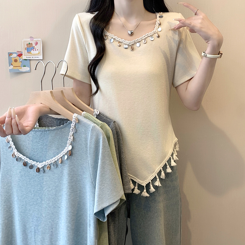 Plus Size Women's Shell Tassel Irregular Short Sleeve Top Summer 2026 - Style 721012