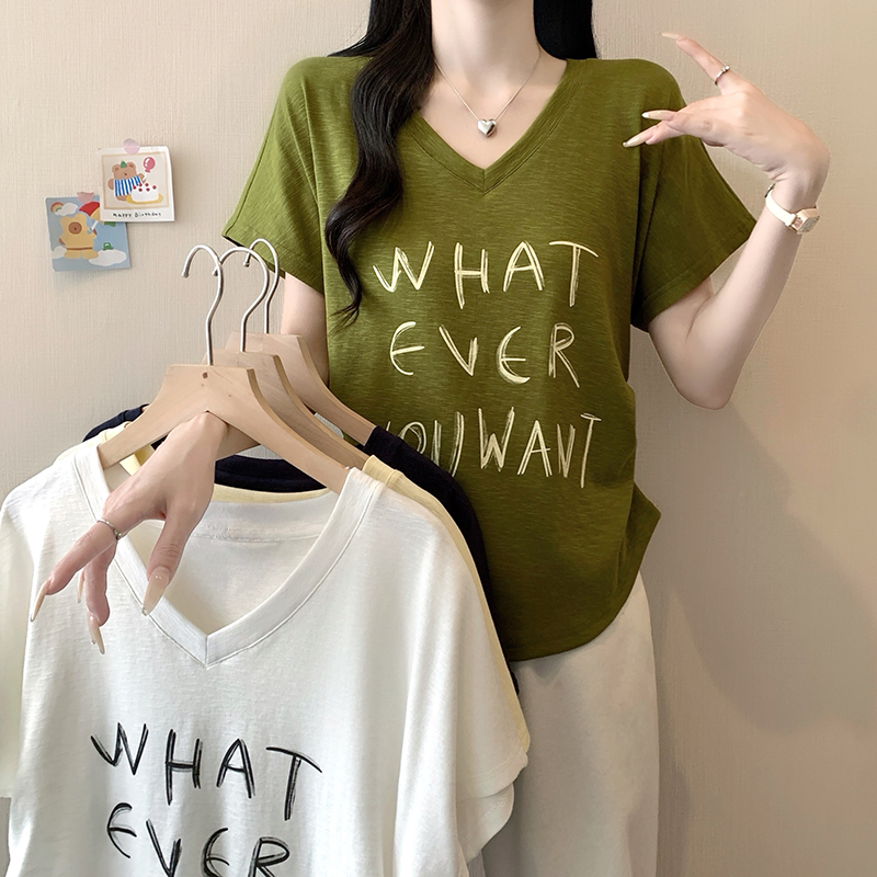 Plus Size Women's V-Neck Printed Letter Short Sleeve T-Shirt Summer 2026