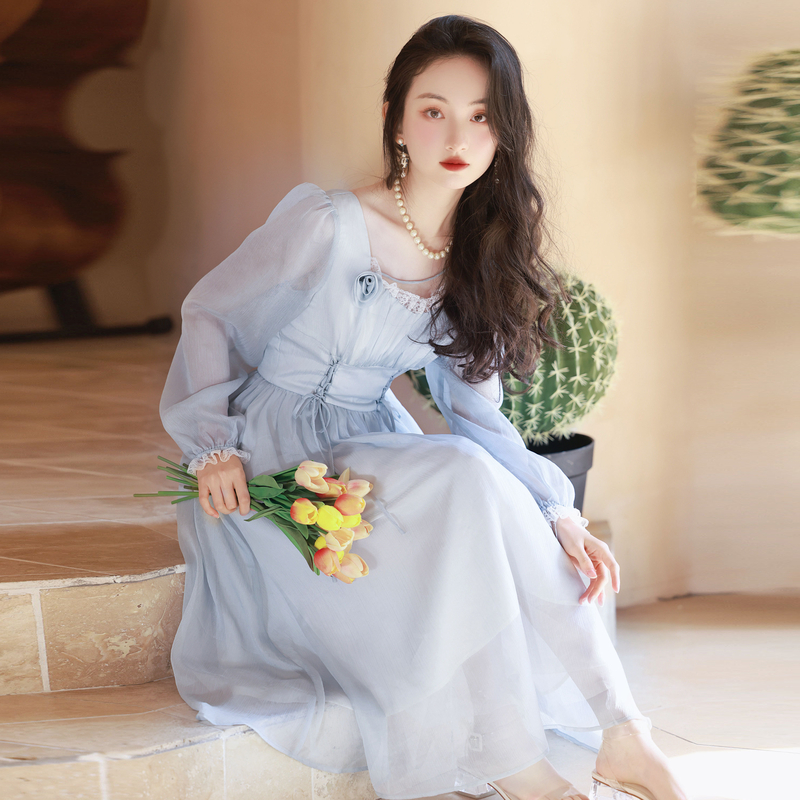 Sweet A-Line Long Sleeve Chiffon Dress with High Waist and Tie - Style 01bd79