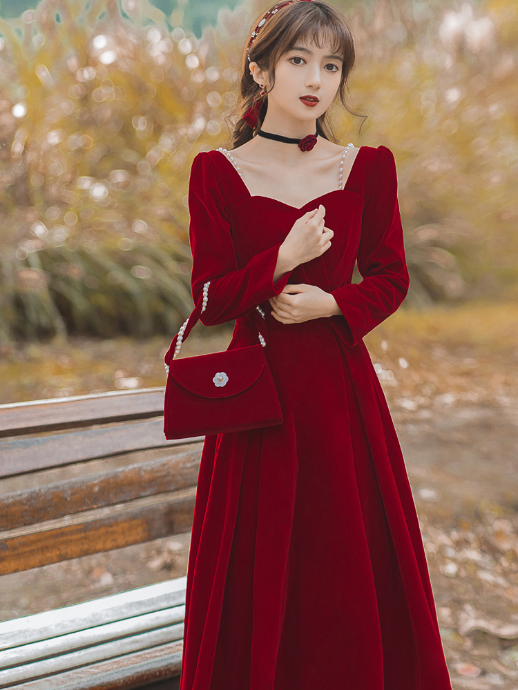 Wine Red A-Line Long Sleeve Midi Dress for Women