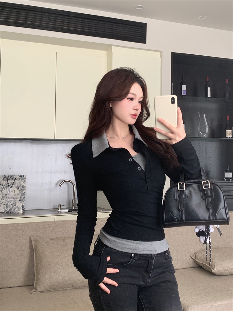 Women's Faux Two-Piece Polo T-Shirt Black Slim Fit Spring Top - Style 648d83