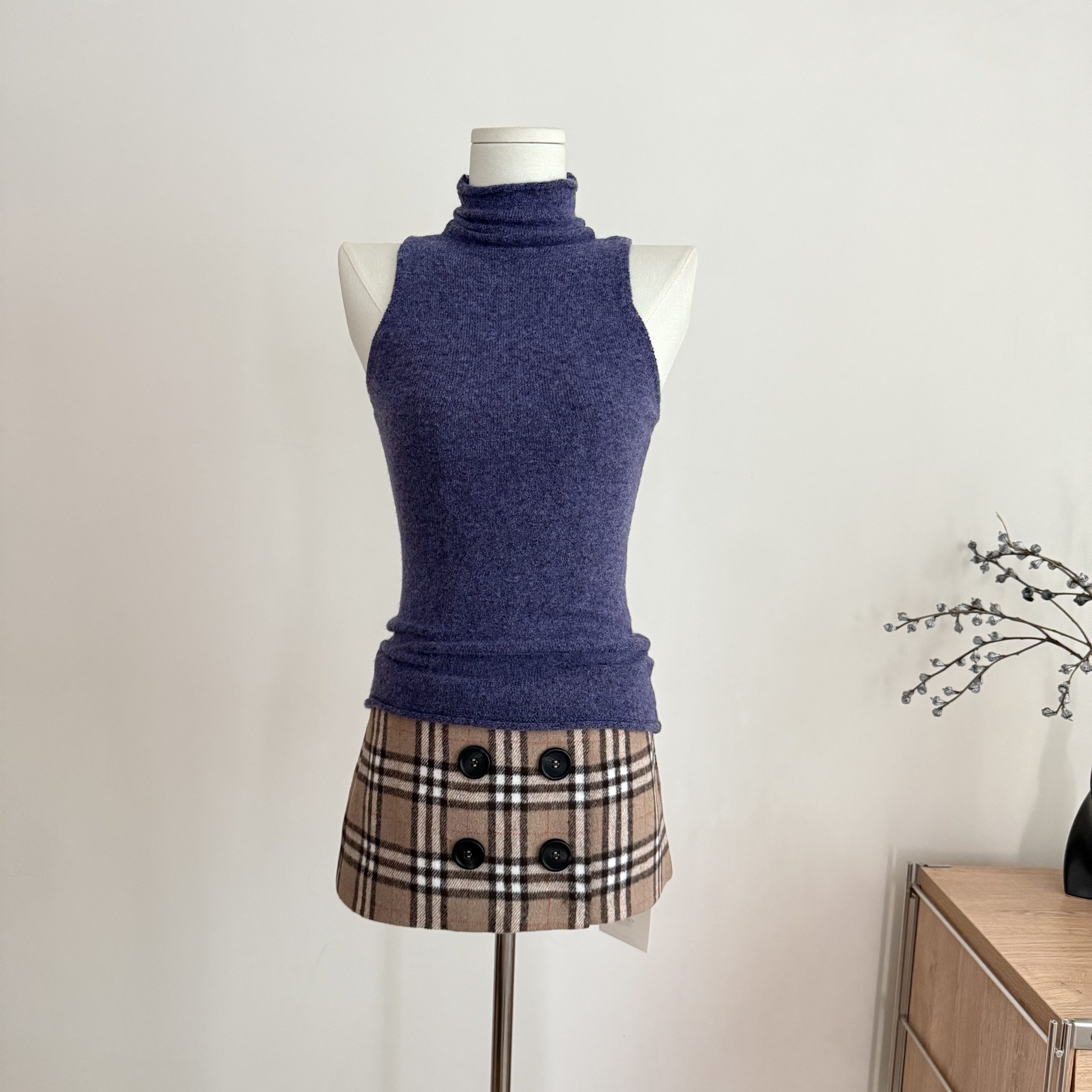 Women's High Neck Mohair Sleeveless Knit Top Solid Slim Fit Base Layer