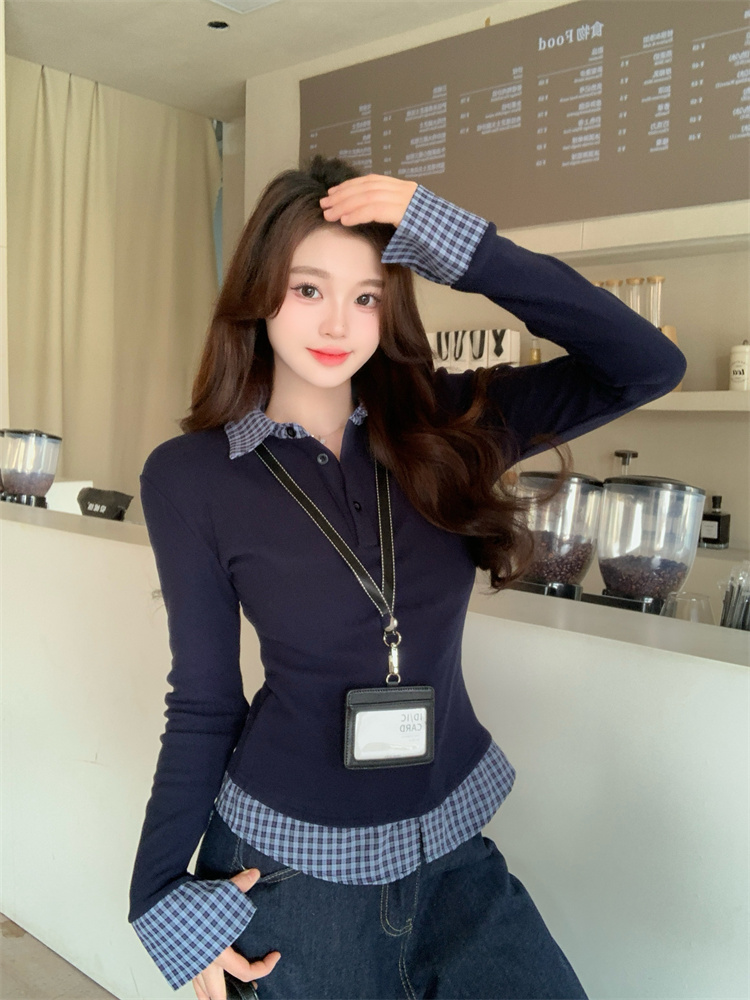 Women's Navy Blue Polo Collar Faux Two-Piece Long Sleeve T-Shirt Spring Slim Fit Base Layer Top